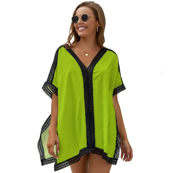 Bright Green Lime Neon Color Printed Women's Swimsuit Cover Up Summer Swimsuit Dress