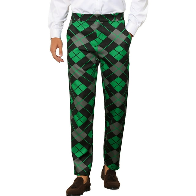INSPIRE CHIC Men's Pant Diamond Plaid Pattern Regular Fit Color Block Suit Trousers 34 Green Black