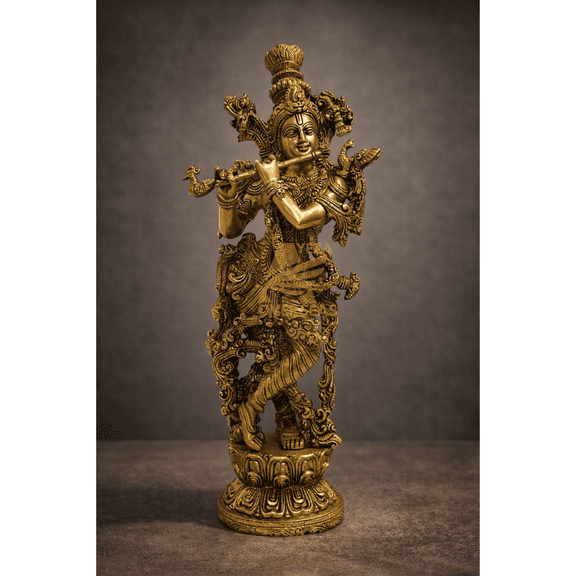 Handcrafted Brass Lord Krishna Statue | Flute Playing Murti for Home Décor & Pooja | 14 Inch Heavy Brass Idol
