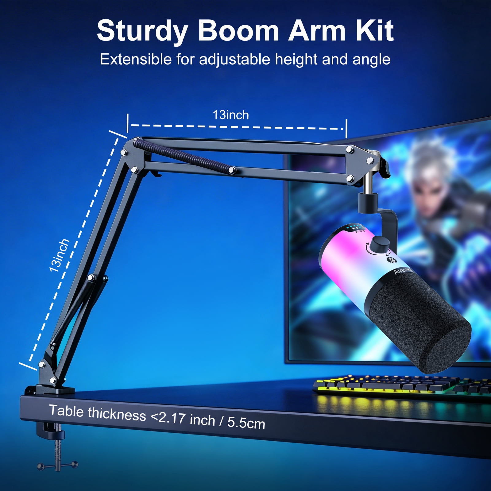 Aveek RGB USB Gaming Microphone Set with Adjustable Boom Arm, Dynamic Podcast Mic with Mute Gain Control & Headphone Jack for Streaming Recording