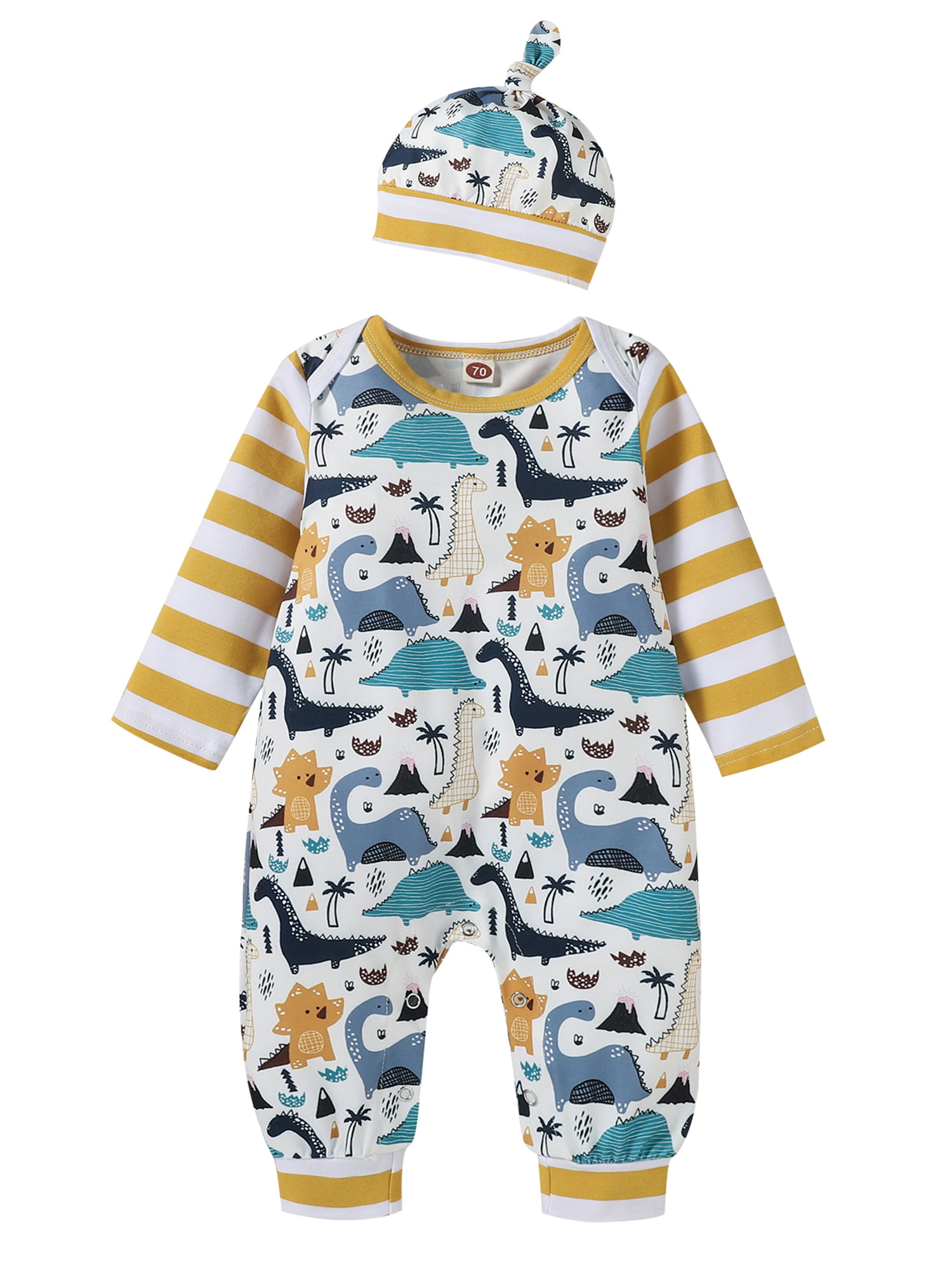 Infant Baby Boy Girls Long Sleeve Dinosaur Striped Print Romper Jumpsuit Clothes 
