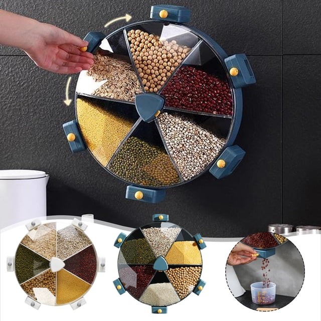 Xihbxyly Dispensador de Arroz, Diseño Giratorio de 6 Rejillas, Sin Perforar, para Montaje En Pared, Contenedor Multigrano, Material Abs+Pp Duradero, Práctico Organizador de Cocina, Tamaño 30 X 30 Cm