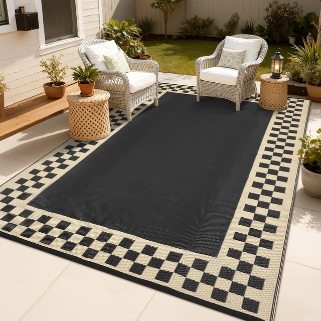 Reversible Outdoor Mat – Large Waterproof Plastic Straw – UV Resistant – Medallion Patio Rug – Deck, Porch, Garden, Camping & RV- Black Coffee, 8x10ft, USA Spec