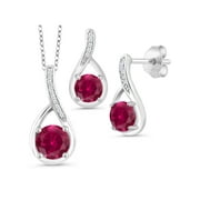Gem Stone King 925 Sterling Silver Red Created Ruby and Diamond Pendant and Earrings Jewelry Set For Women (2.34 Cttw, with 18 inch Chain)