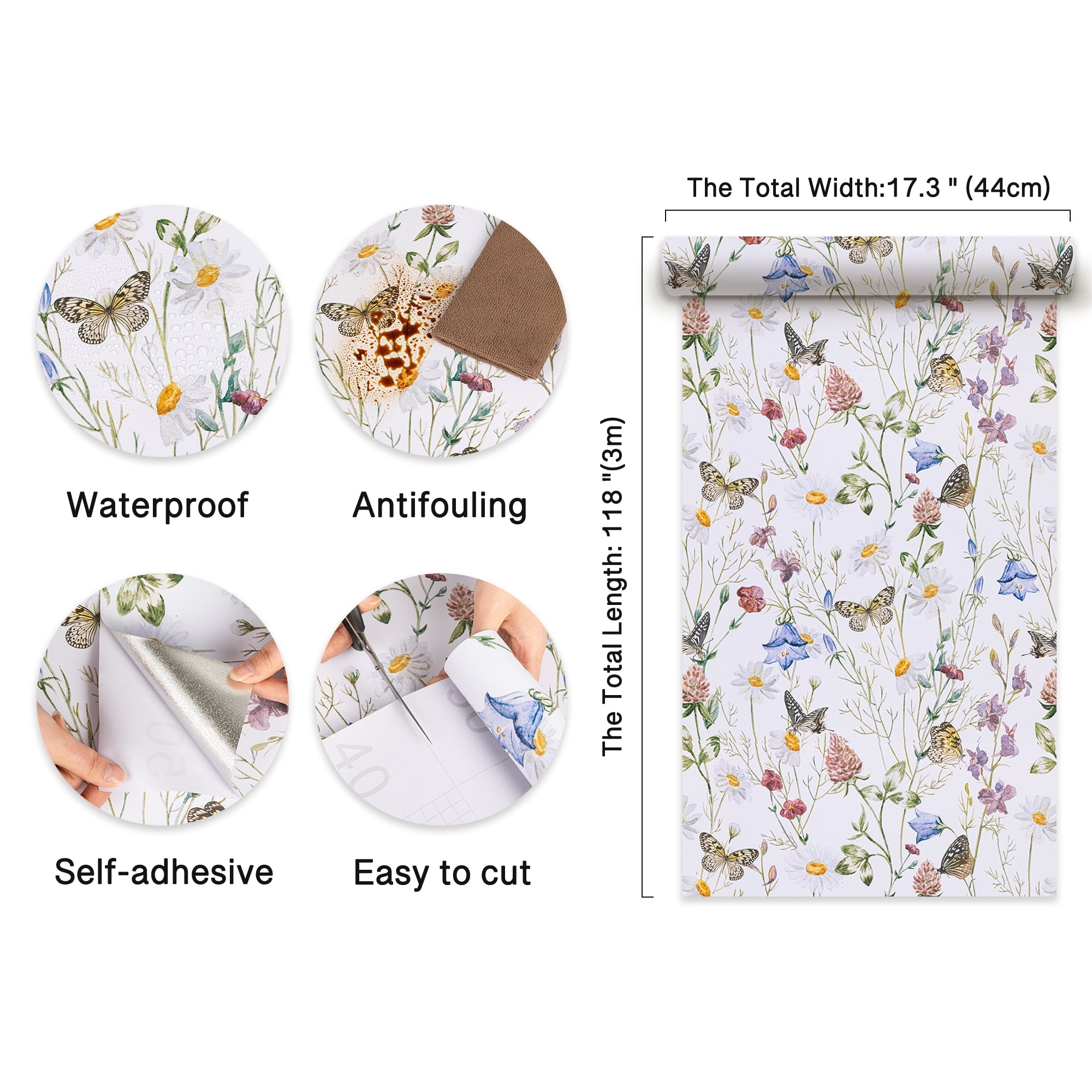 Abyssaly Floral Peel and Stick Wallpaper 17.3" × 393.7",Butterfly and Flower, White Removable Self-Adhesive Vinyl Wall Paper for Home Decor