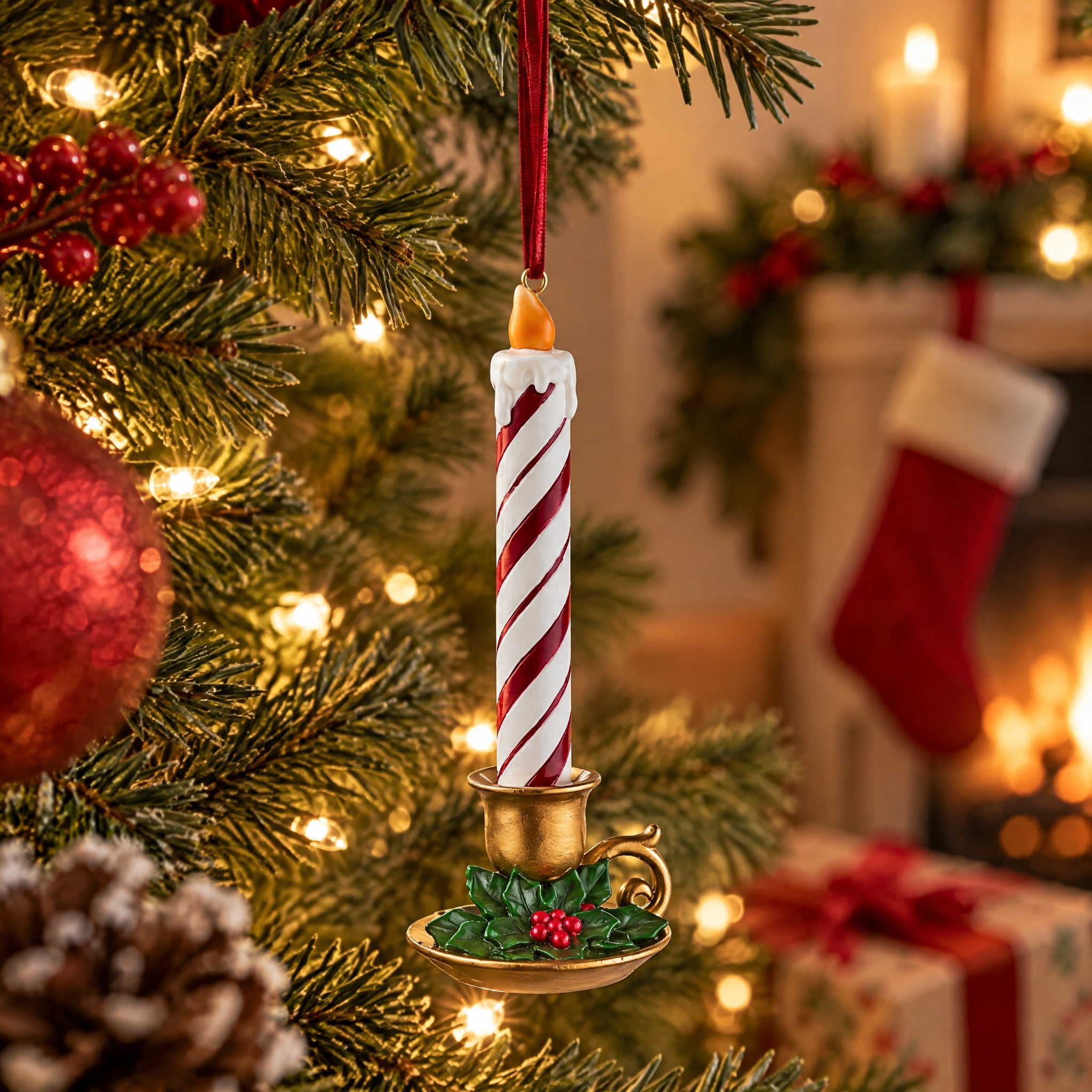Red and White Stripe Candle Christmas Ornament, 6", by Holiday Time