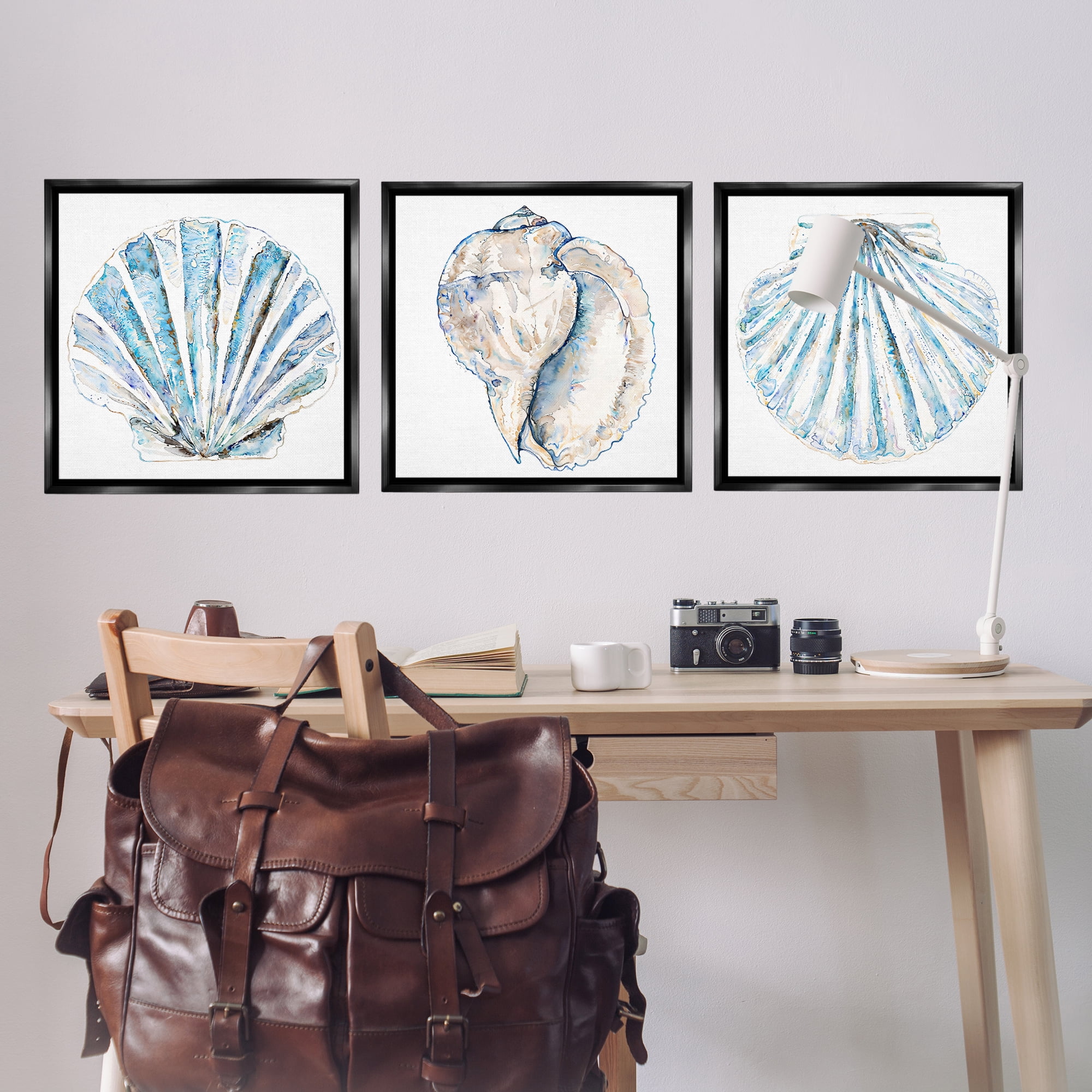 Stupell Industries Clam & Conch Watercolors Nautical & Beach Painting Black Floater Framed Canvas Art Print Wall Art, 25 x 25, Set of 3