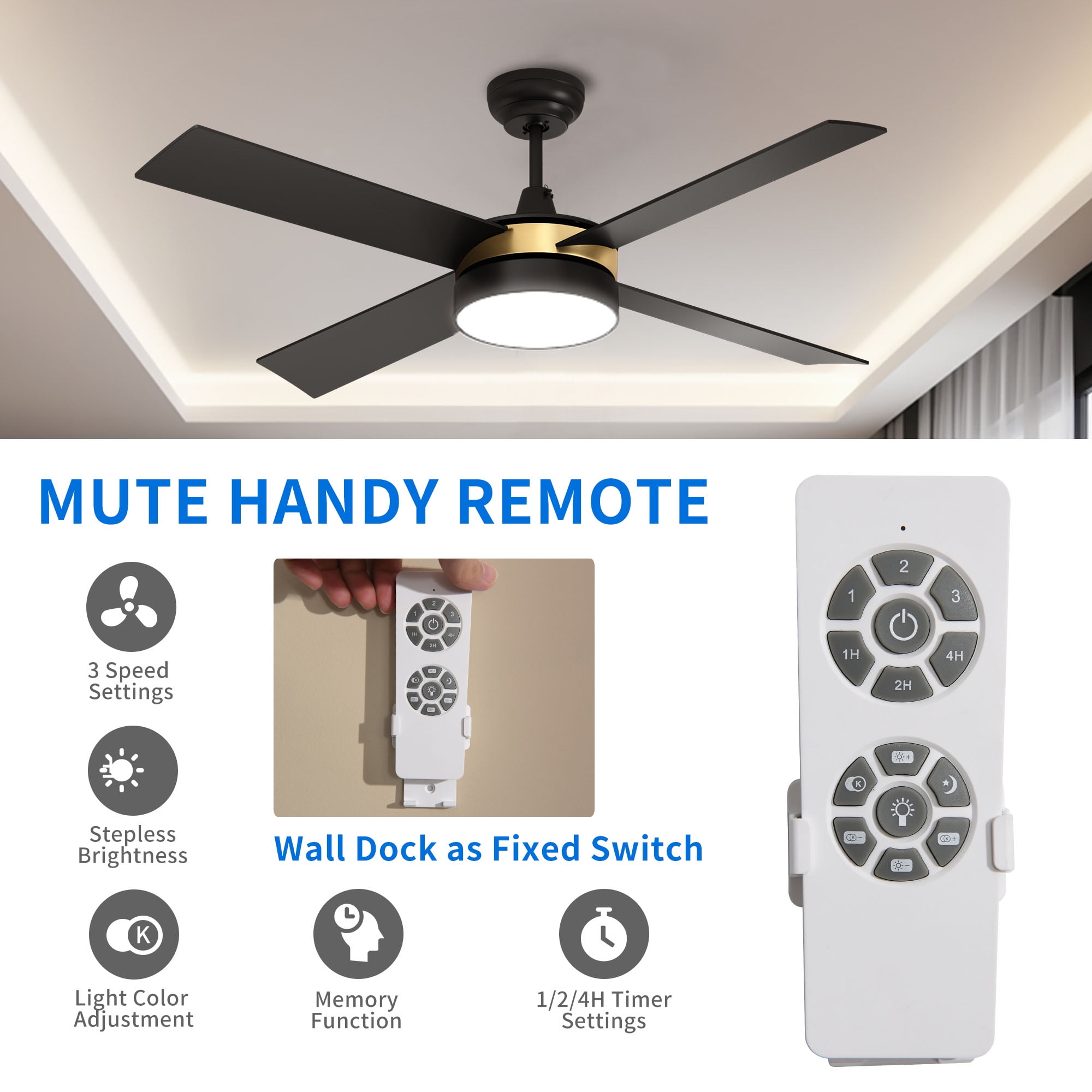 Dextrus 52in Ceiling Fan with Light and Remote, 3 Colors Light Changing, 3 Speed, 4 Blades,Reversible Airflow for Outdoor/Indoor, Black & Gold