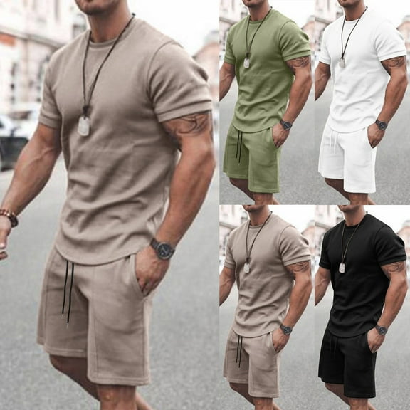 Xcmzpl Mens Short Sets 2 Piece Outfits Summer Casual T Shirts and Shorts Big and Tall Solid Tracksuit Sets with Pockets