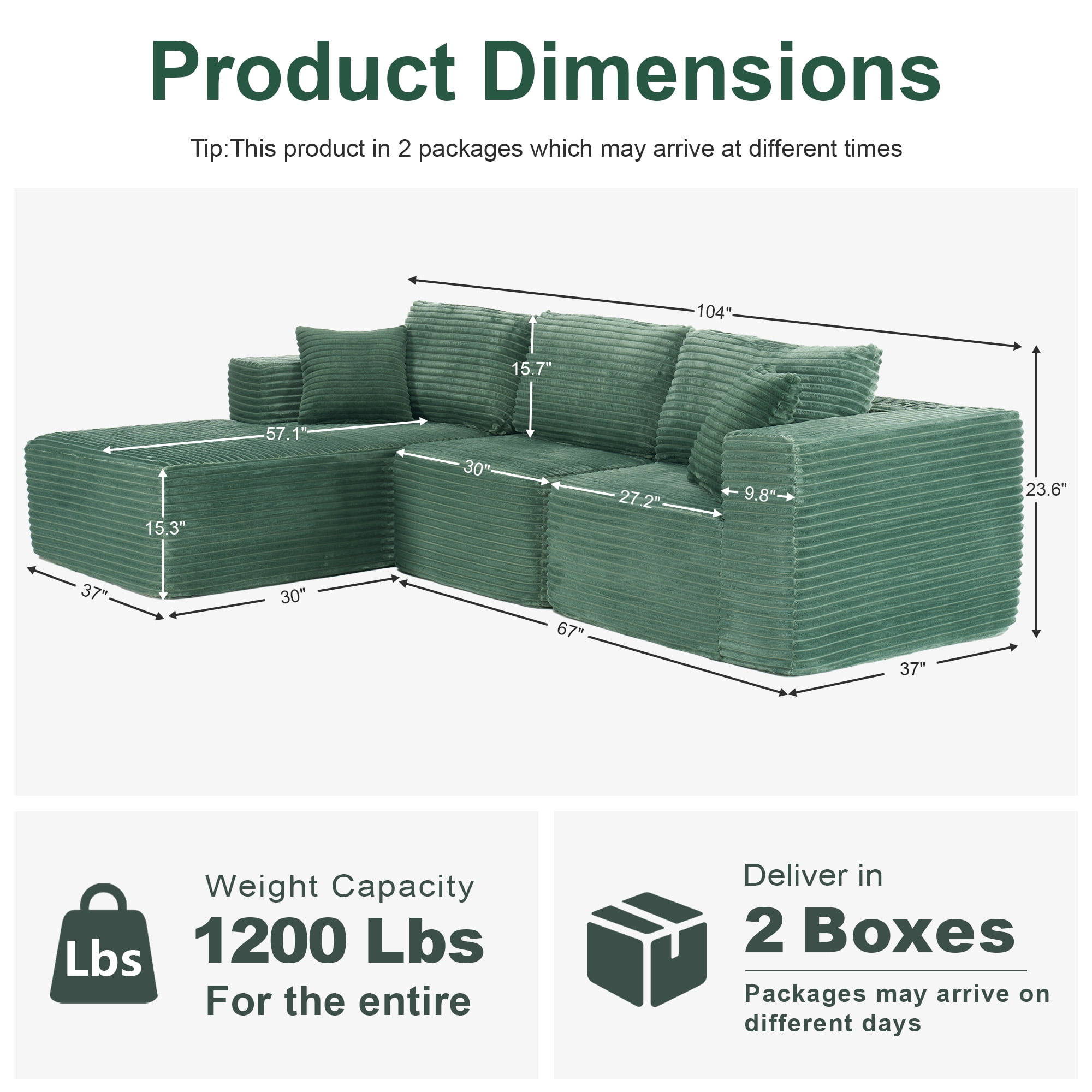 MAYEERTY Modern Corduroy Modular Sectional Sofa - Boneless Couch for Apartment, 104"W x 67"D Green