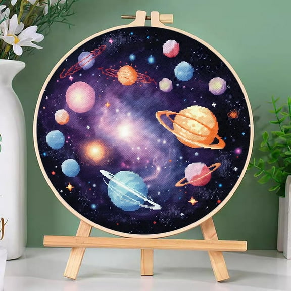 DIY Cross Stitch Kits Space Planet Easy for Beginners with Hoop 11CT Needlepoint Embroidery Counted Stamped Cross Stitch Set Craft Wall Decor 20x20cm(2)