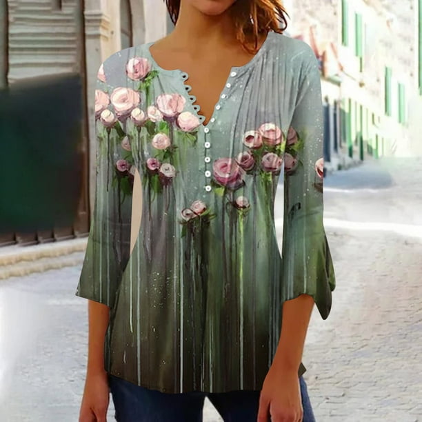 Ichuanyi liquidación de mujeres en v-cutleck 3/4 camisas de túnica floral estampada camisas básicas de verano blusa plisada ICHUANYI WER202308243156