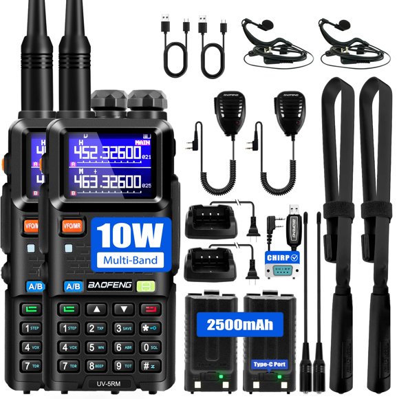 BAOFENG 5RM Ham Radio 10W Long Range Handheld NOAA Weather Receiver 2500mAh Battery UV-5RM Radio with Programming Cable,Speaker Mic,Tactical Antenna,Type-