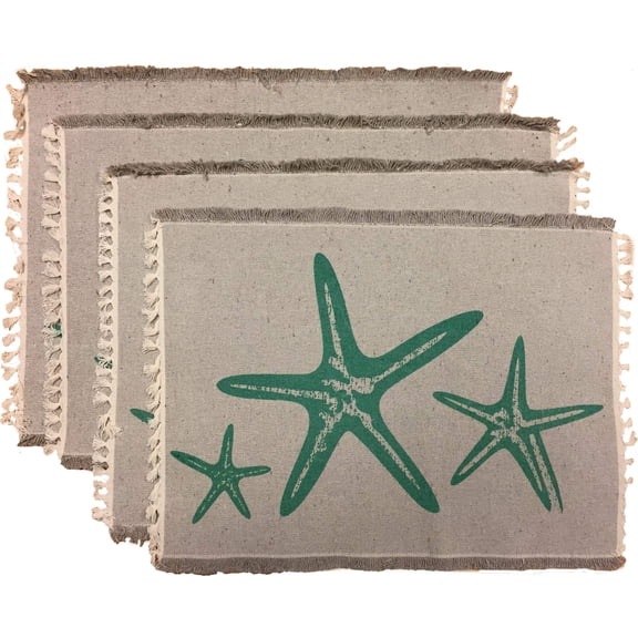 Coastal Nautical Green Starfish Design Set of 4, Kitchen Placemats for Dining Table, Machine Washable, Size: 13” x 19”.
