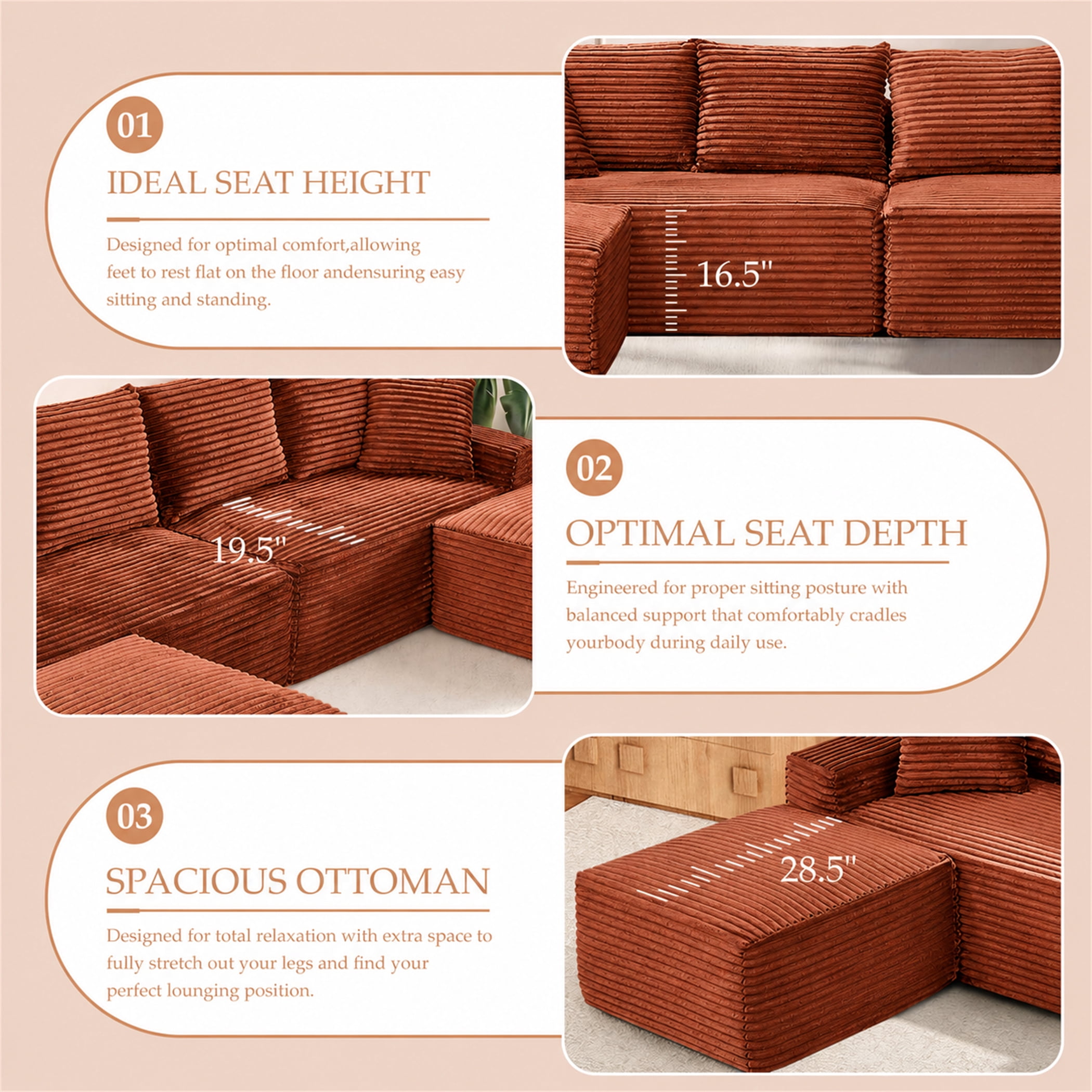Aukfa 115" Cloud Sectional Sofa U Shape Modular Boneless Couch for Living Room, 2 Ottoman&Pillows, Corduroy, Orange