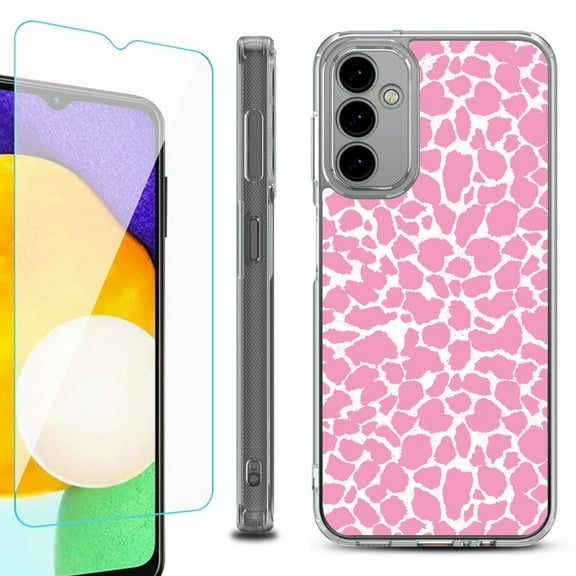 Shockproof Bumper Phone Case for Samsung Galaxy A14 5G, with Tempered Glass Screen Protector, by OneToughShield ® - Giraffe/Pink