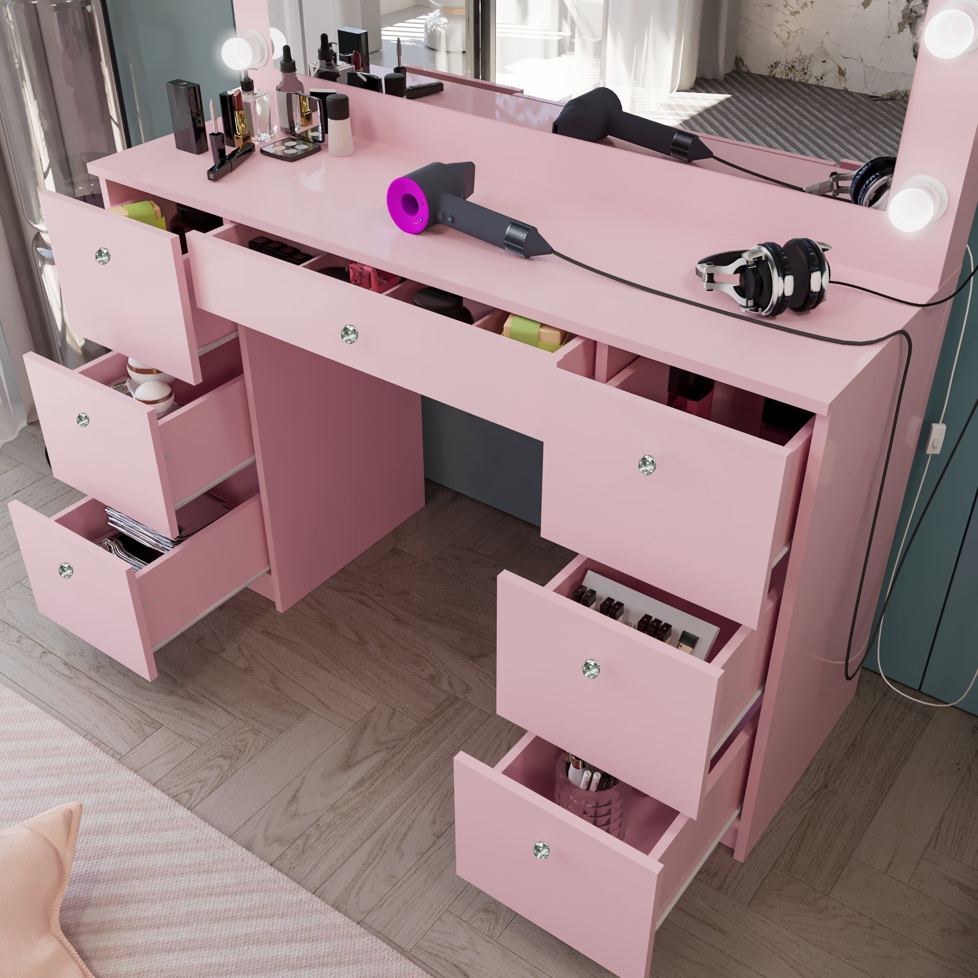 Ember Interiors Tammy Modern Large Pink Makeup Vanity Desk with Built-in Lights, Power Outlet with USB Type-C, 7 Drawers and Crystal Knobs
