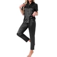 thumbnail image 4 of Conjunto de pijama de satén para mujer INSPIRE CHIC, camisa de botones de manga corta con solapa y pantalones, conjunto de ropa de casa de 2 piezas, XL, negro, 4 of 6