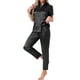thumbnail image 4 of Conjunto de pijama de satén para mujer INSPIRE CHIC, camisa de botones de manga corta con solapa y pantalones, conjunto de ropa de casa de 2 piezas, XL, negro, 4 of 6