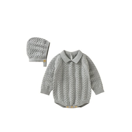 

Pudcoco Baby Long Sleeve Knitted Romper Solid Color Triangle Jumpsuits Cap