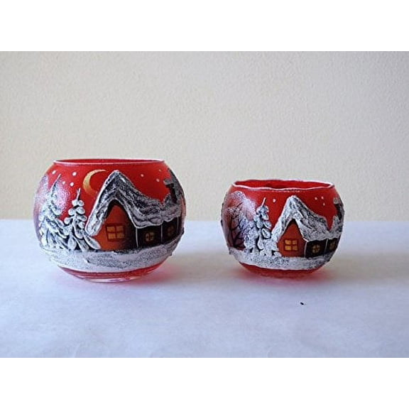 4-Inch Dia Candle Holder 2.3-Inch Dia Candle Holder, Christmas New Year Design Glass Candleholders, Red Candle Stand, 2-Piece