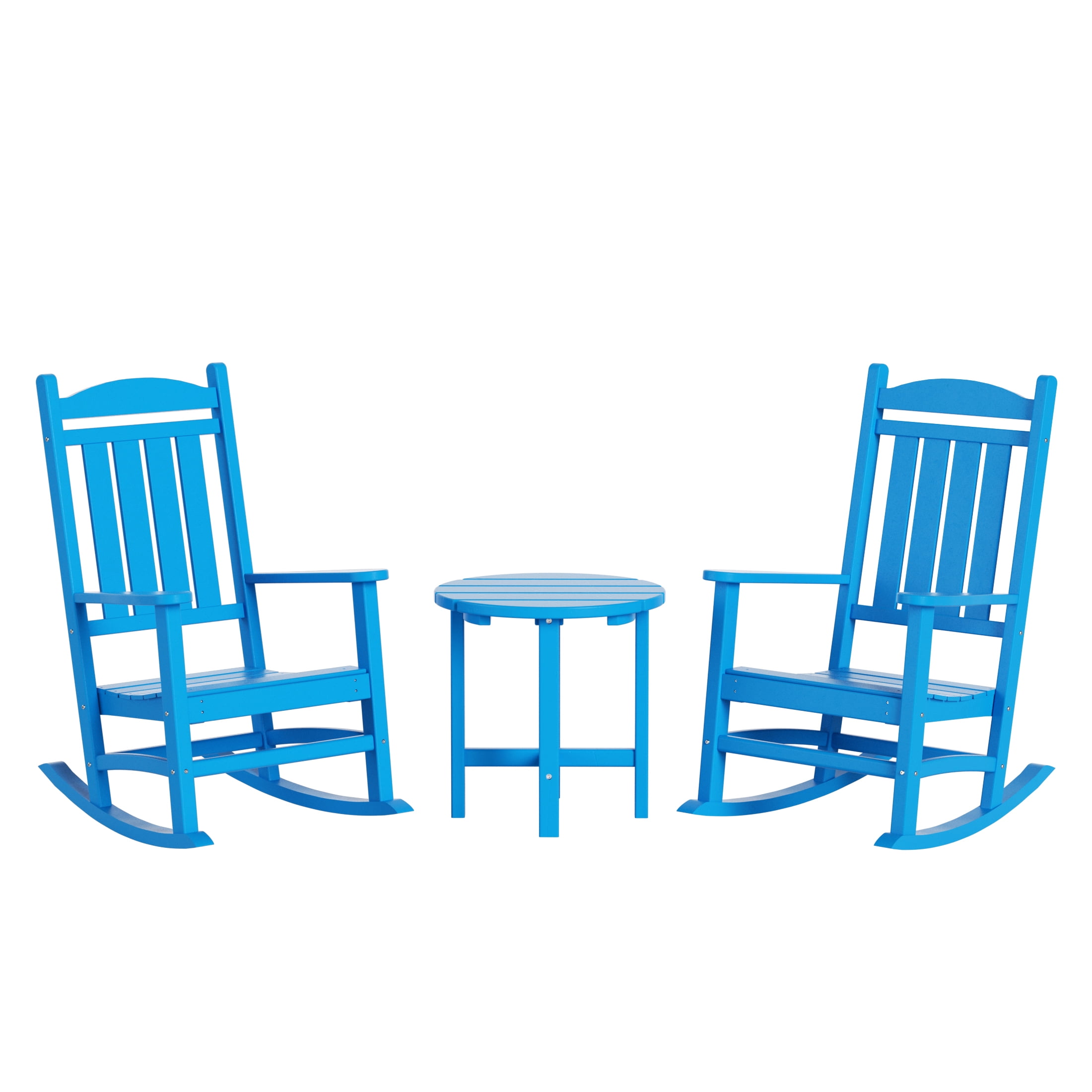 Garden 3-Piece Set Classic Plastic Adirondack Porch Rocking Chair with Round Side Table Included, Pacific Blue