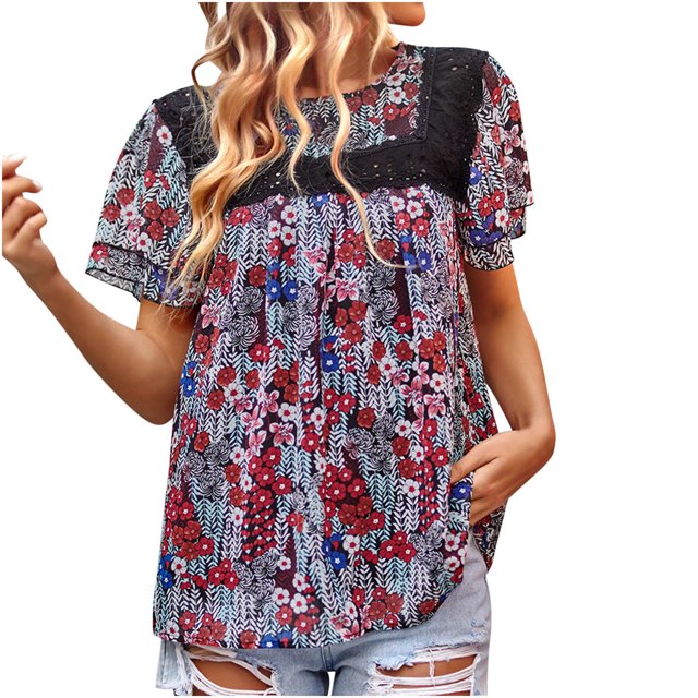 Blusa de manga corta con cuello redondo informal de primavera y verano con estampado de mujer OAVQHLG3B Store lin121212