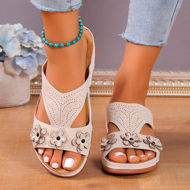 MKLEKYY Sandalias deportivas de Verano Nuevas Con Tacón de Boca de Pez y Pendiente, Estilo Retro, Con Tres Flores, Suela No Blanda para Mujer