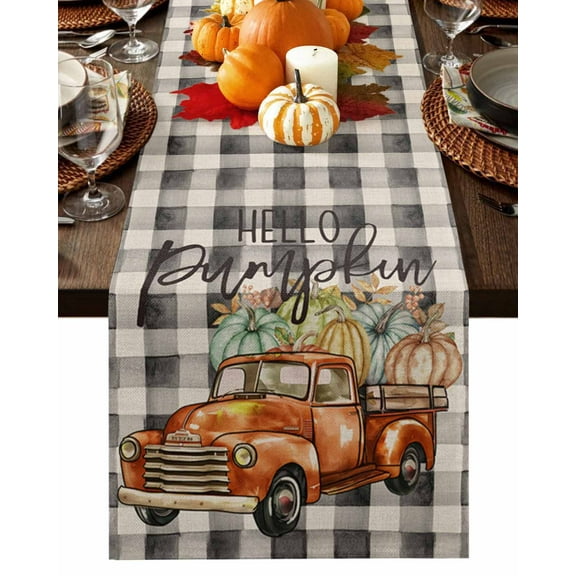 Fall Orange Truck Pumpkins Table Runner-Cotton Linen- 72 Inch Holiday Dresser Scarves, Retro Thanksgiving Buffalo Plaid Tablerunner for Kitchen Coffee/Dining Living Room Dinner Scarf Décor 14x72