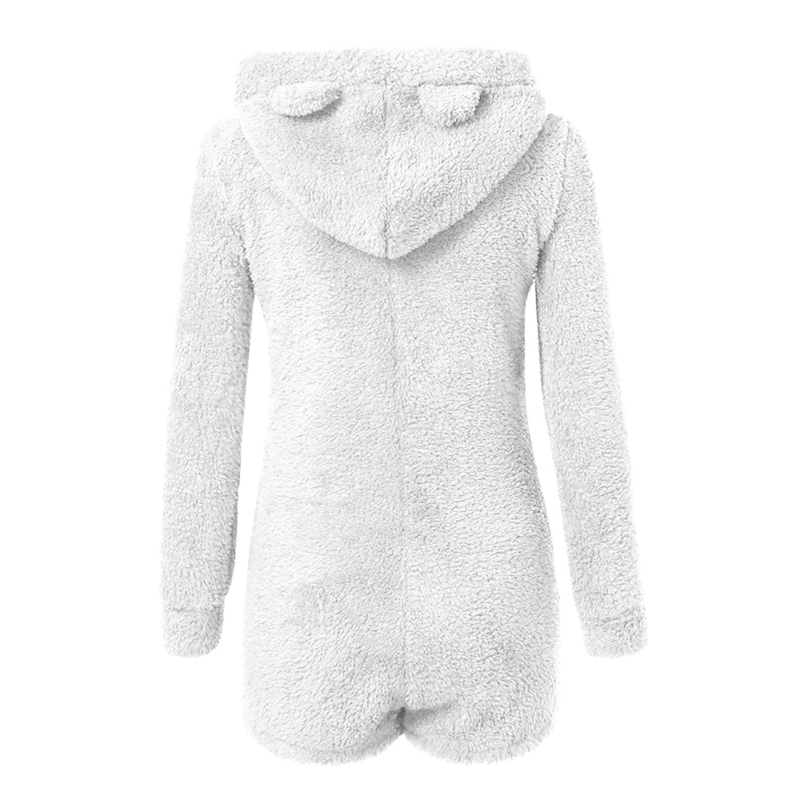 Fuzzy Shorts Jumpsuit for Women Fleece Onesie Pajamas Warm Sherpa Romper Sleepwear One Piece Zip Bear Hooded Playsuit Loungewear