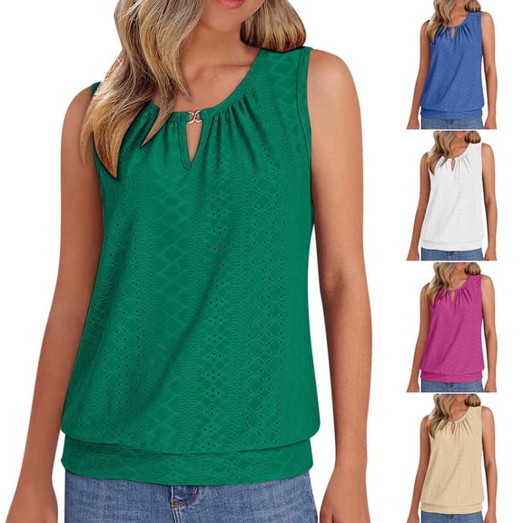 ClodeEU Women's Round Neck Eyelet Embroidery Tank Top ,Loose Fit Solid Color Casual Summer Blouse Green,Womens Plus M