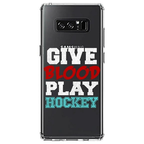DistinctInk Clear Shockproof Hybrid Case for Samsung Galaxy Note 8 - TPU Bumper Acrylic Back Tempered Glass Screen Protector - Give Blood Play Hockey