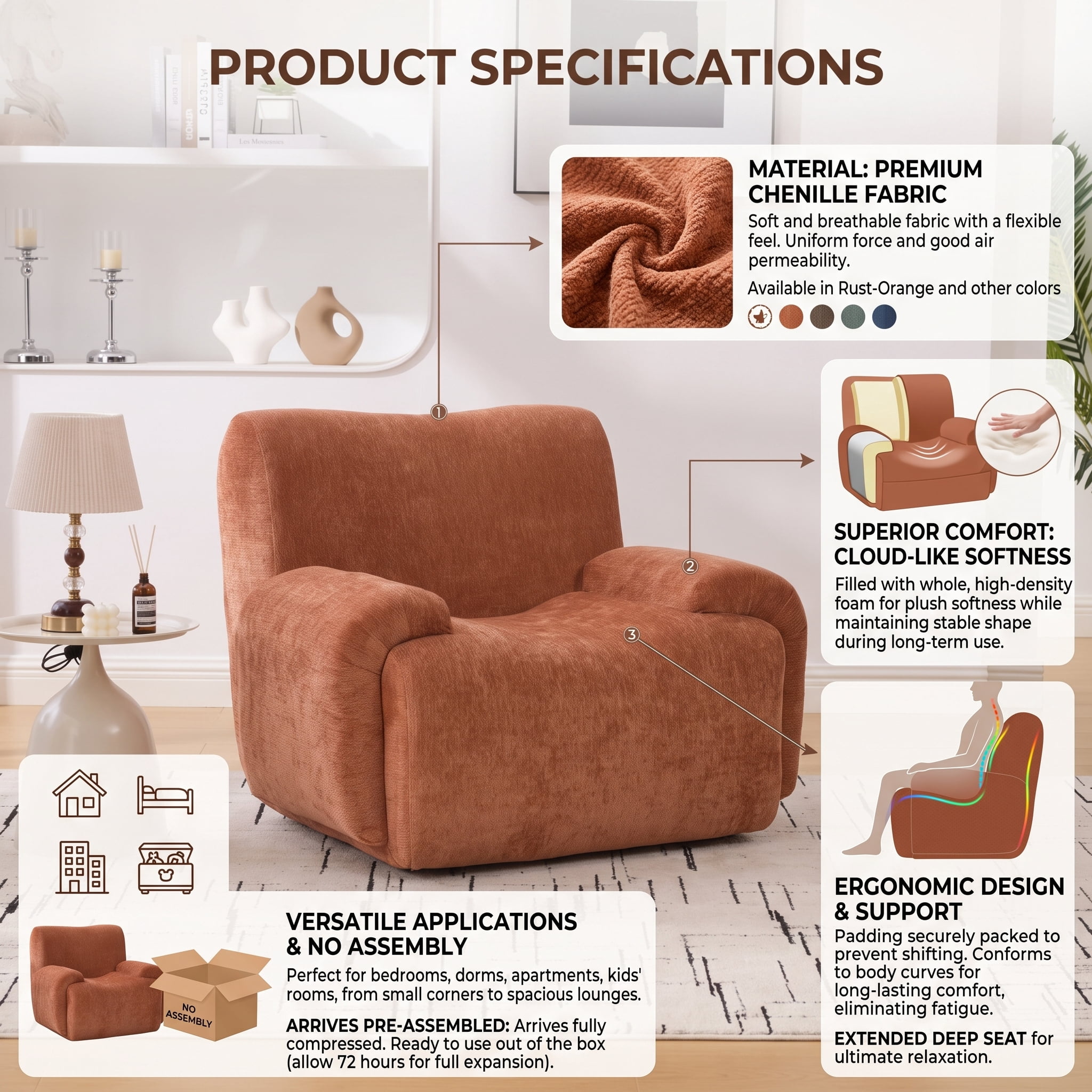Chenille Single Sofa Chair Soft Fabric No Assembly for Living Room Bedroom Dorm