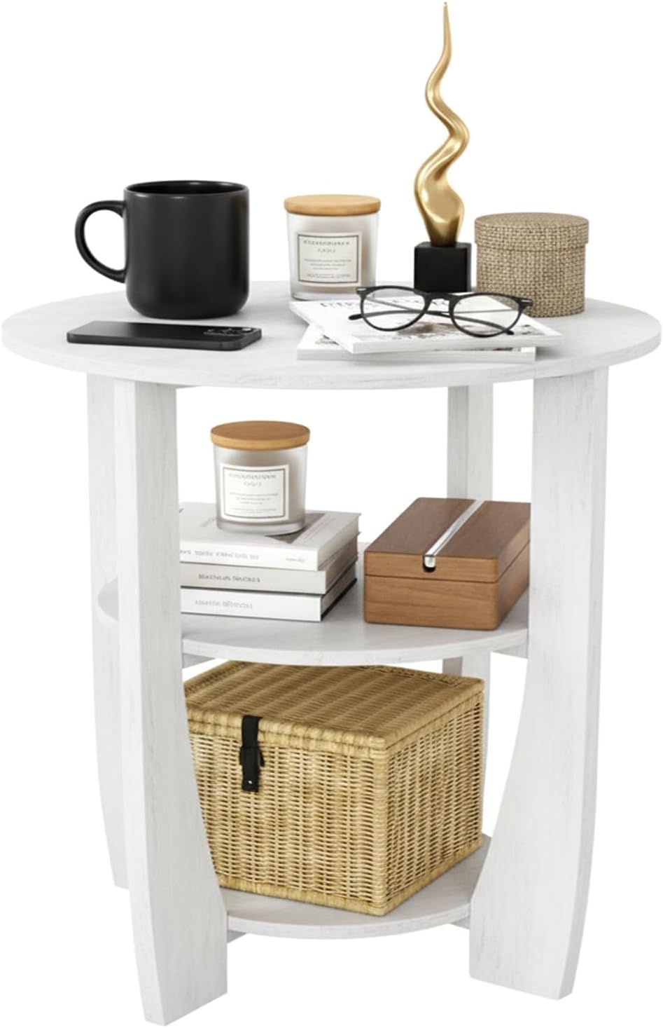 ZEXVIDA Round End Table with Storage Shelf,3 Tier Modern Side Table, Sofa Recliner Side Table,Accent Coffee Table,Nightstand for Living Room Bedroom for Small Spaces,19.7" D x 21.7" H (White)