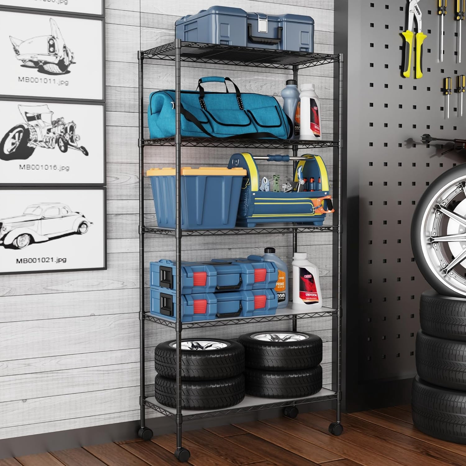 Miniyam NSF Wire Shelving Unit, 5 Tier 750lbs Capacity Storage Adjustable Rack with Wheels for Closet Kitchen, Black
