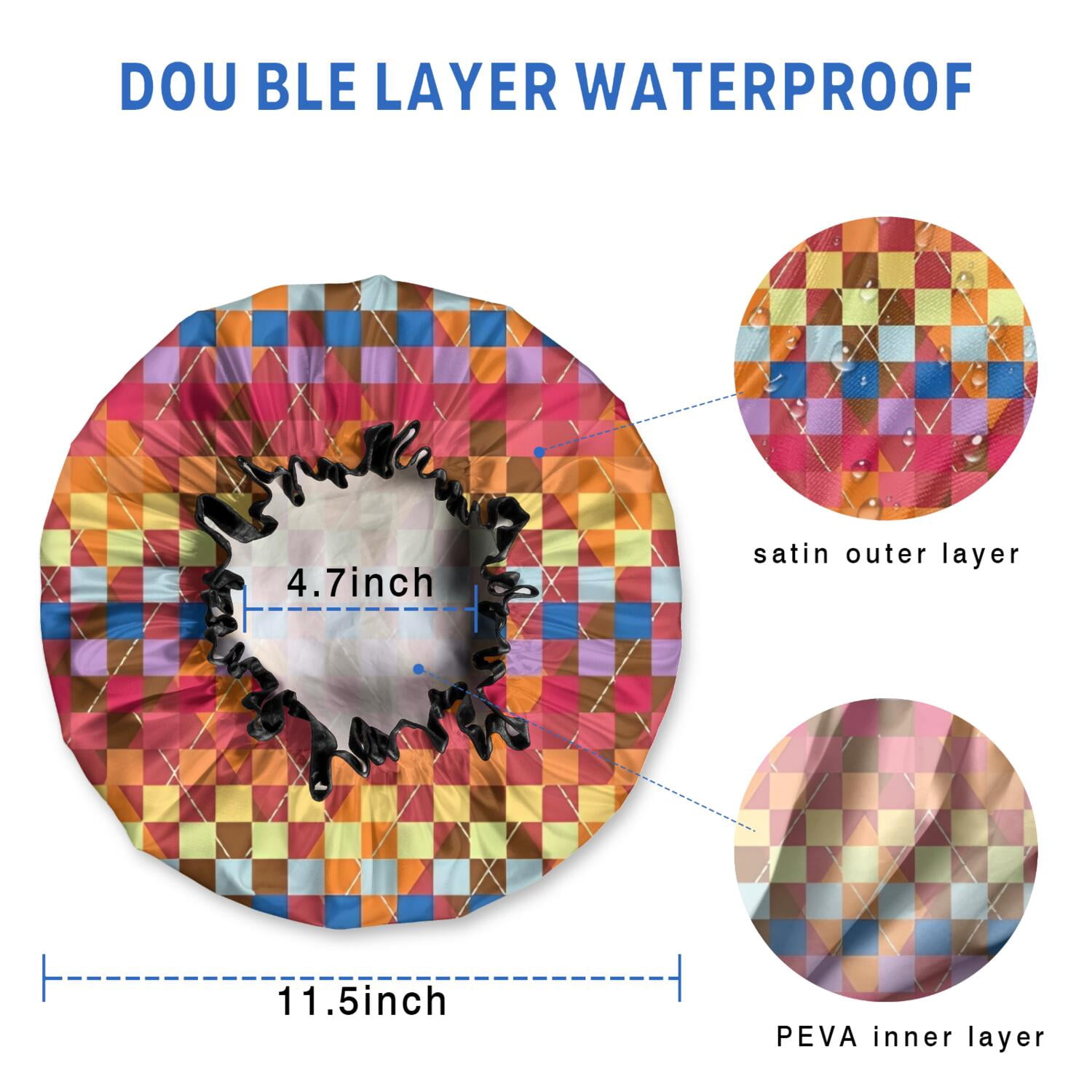 Shower Caps,Colorful Geometric Pattern Waterproof Shower Cap for Women 4 Pieces,Double Reusable Hair Cover for Shower PEVA Elastic Stretch Hem