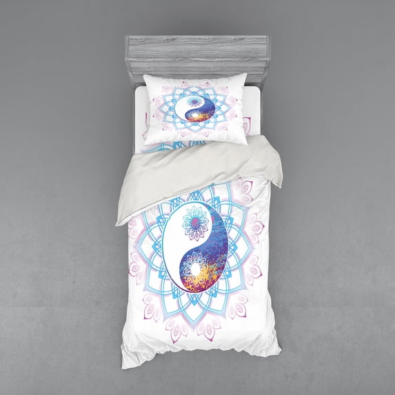 Ambesonne Ethnic Bedding Set 3 Pcs, Yin Yang Swirls, Twin XL, Purple and Pale Blue
