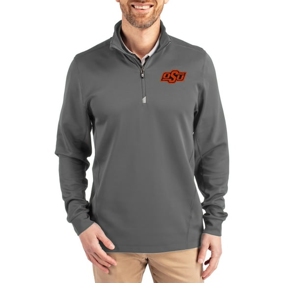Men's-Cutter & Buck  Gray Oklahoma State Cowboys DryTec Traverse Stretch Eco Tri-Blend Quarter-Zip Pullover