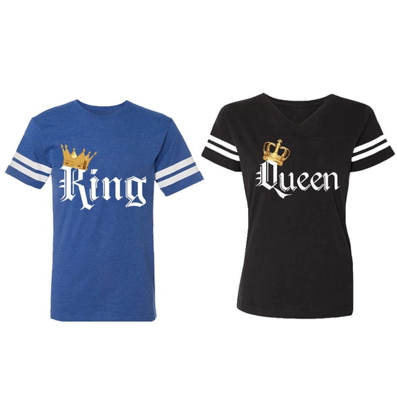 King & Queen Color Matching Couple Cotton Jerseys (Men Royal / Women Black) (Men S / Women S)