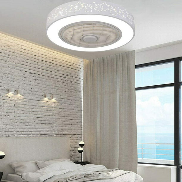 Dimmable Led Ceiling Fan Light Enclosed Round Pendant Lamp W Invisible Blades 3 Color Sd Chandelier 110v 20in Com - Ceiling Fan And Led Light Dimmer