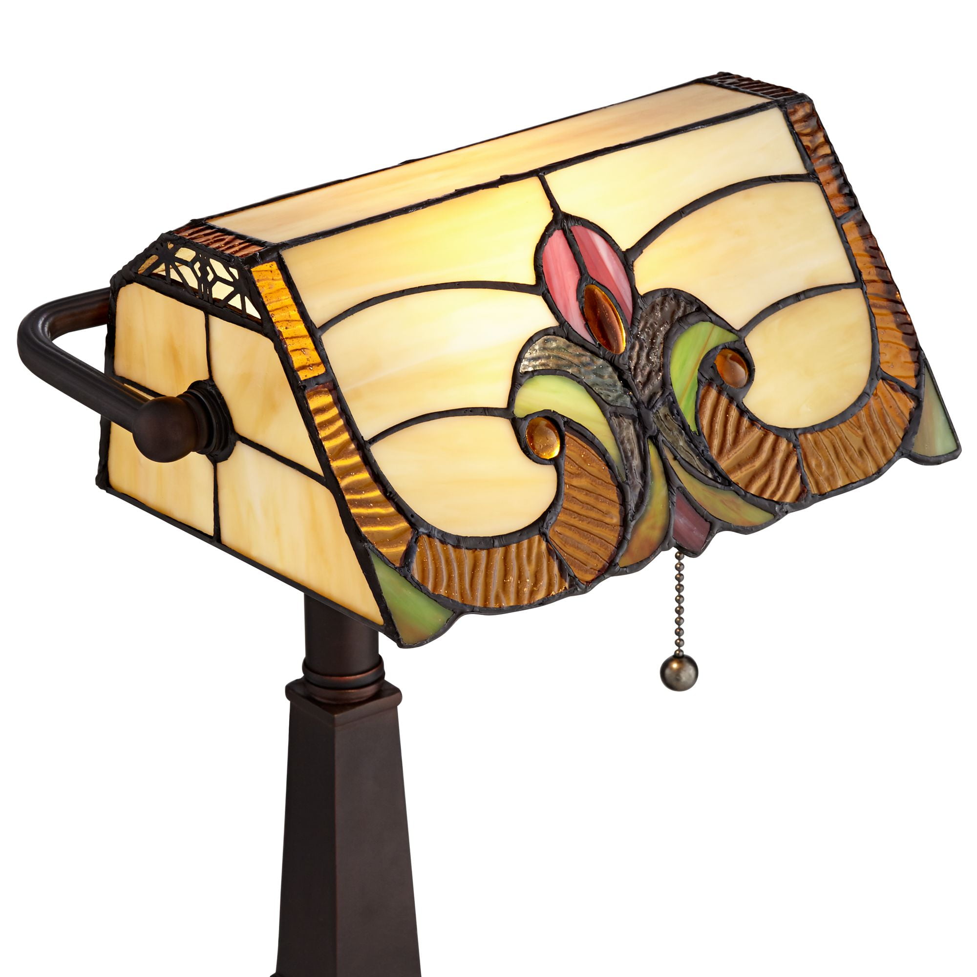 Robert Louis Tiffany Traditional Piano Banker Desk Table Lamp 17" High with AC Power Outlet Bronze Floral Art Glass Bedroom Office