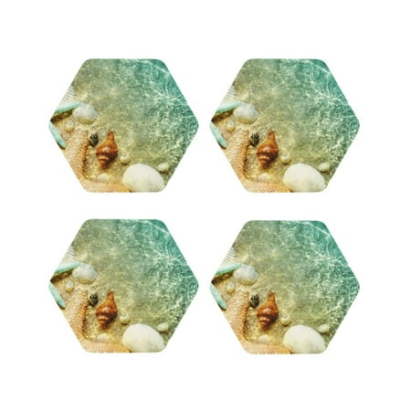 

KLL Drink Coasters Set Hexagon of 4 PU Leather Absorbent Coasters Set Decorative Coffee Cup Coasters Housewarming Gift for Home Decor-Starfish And Seashell