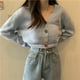thumbnail image 5 of Minnieouse Mujer Camisa de punto Suelta Retro Manga larga Botón Suéter Otoño Abrigo Prendas para la parte del cuerpo Azul, 5 of 6