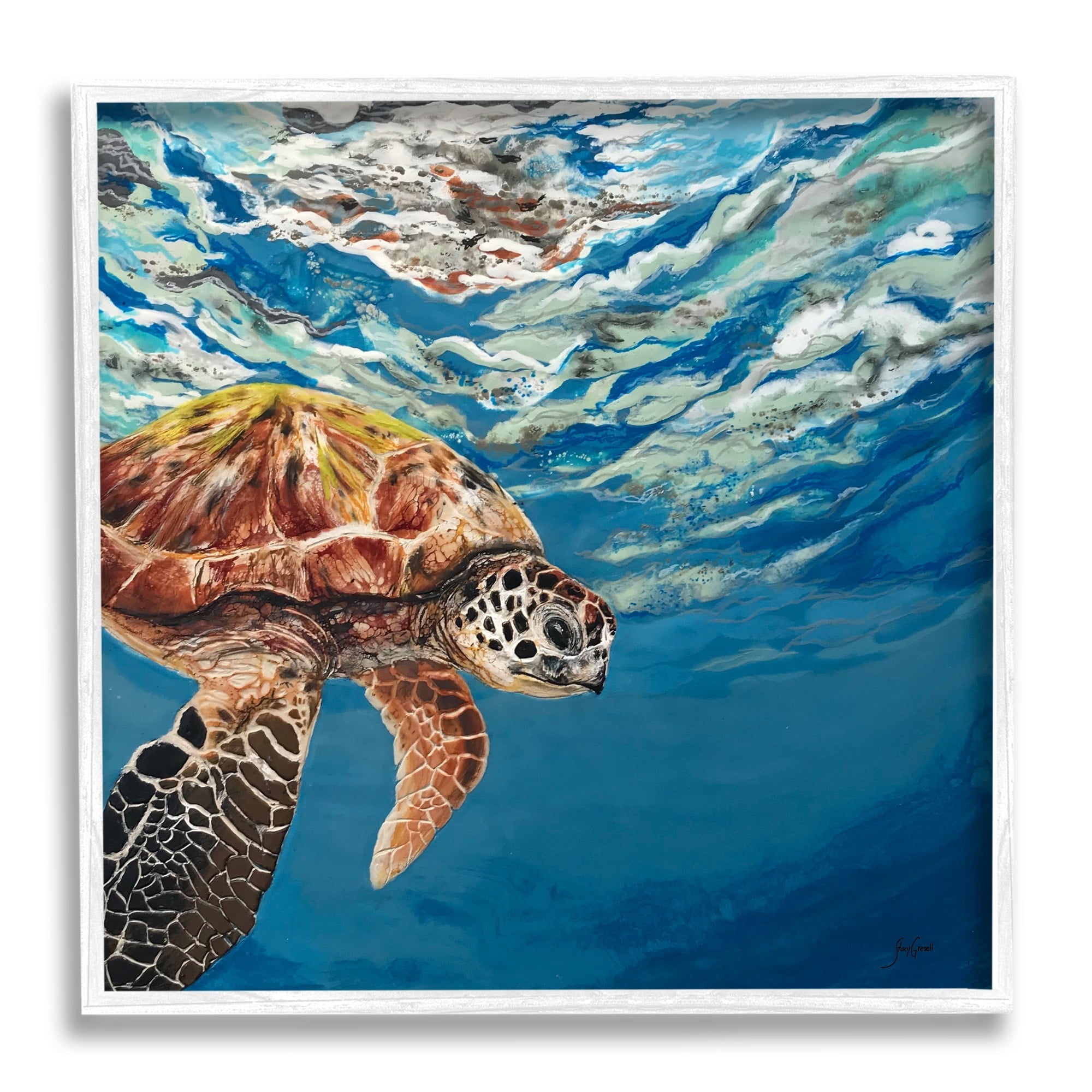 Stupell Industries Sea Turtle Swimming Distant Surface Ocean Water Waves Painting White Framed Art Print Wall Art, Design by Stacy Gresell