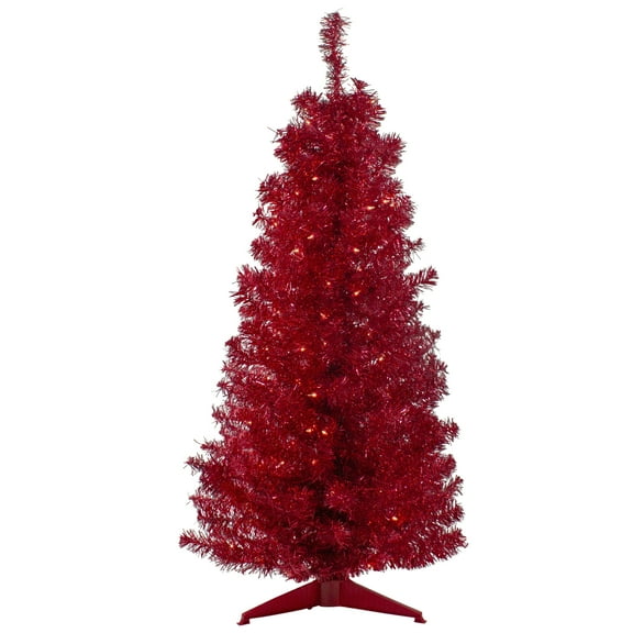 4' x 29" Pre-Lit Slim Red Artificial Tinsel Christmas Tree- Clear Lights