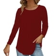 thumbnail image 2 of Women's Long Sleeve T-Shirt WCJM Women Blending Shirts Wine Long Sleeve Women's Fall Casual Solid Color Vertical Ruched Crew Neck T-Shirt Base Layer, 2 of 3
