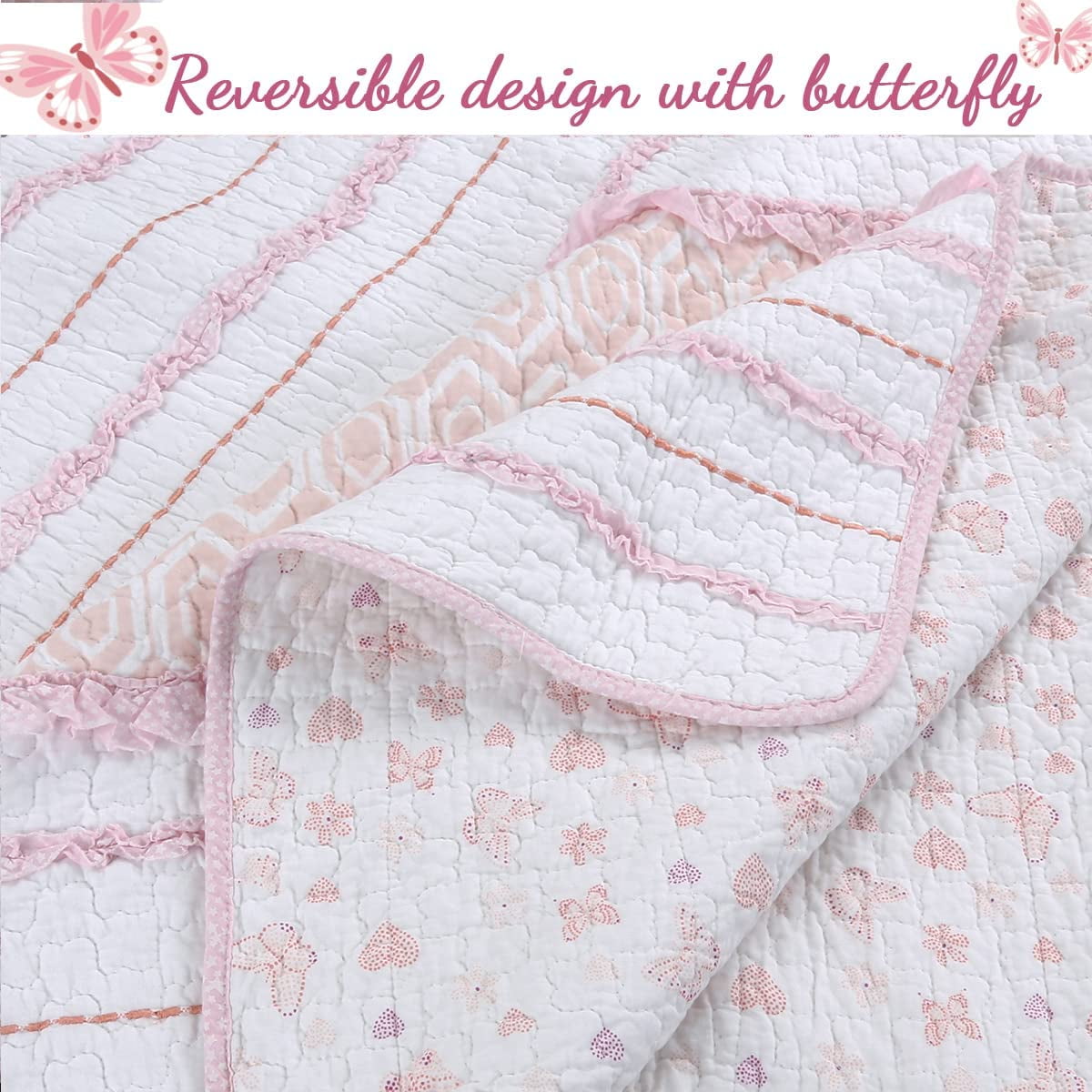 Cozy Line Home Fashions Pink Princess Ruffle Stripe 100% Cotton Girls Reversible Bedding Quilt Set (Pink Princess, Twin - 2 Piece)