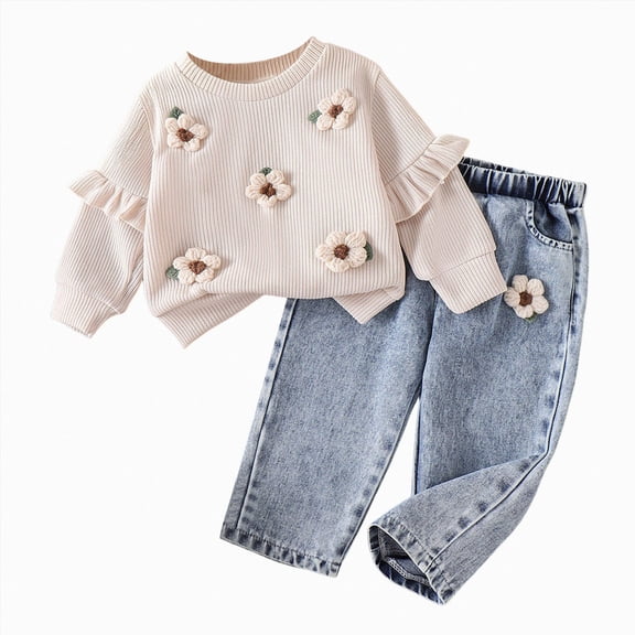 Vedolay Toddler Baby Girl Clothes Fall Winter Baby Girl Outfit Floral Crewneck Sweatshirt Bell Bottom Jeans Pants Set (White,9-12Months)
