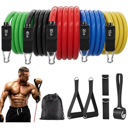 Adjustable Resistance Bands Set, Natural Latex Workout Bands with Handles, Door Anchor and Ankle Straps, 5 Levels Stackable Exercise Bands for Strength Training, Physical Therapy, Home Gym Fitness