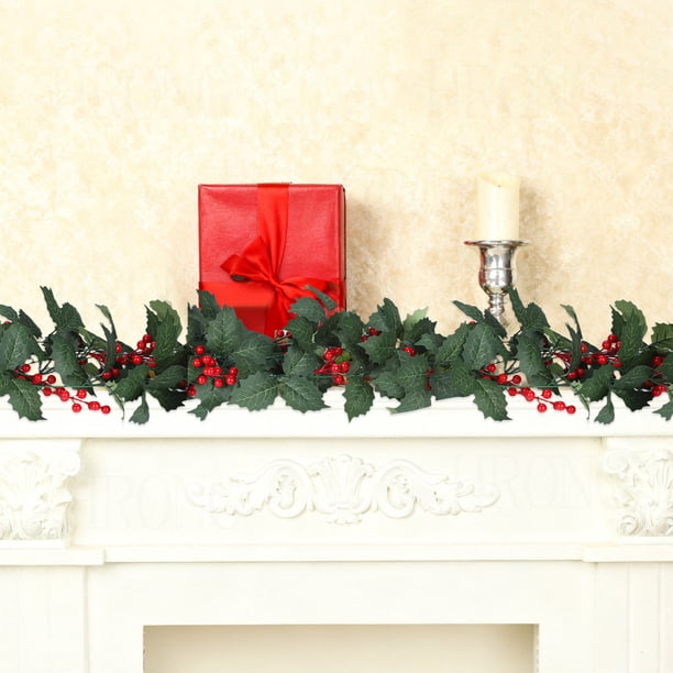 Enredaderas de acebo artificiales con bayas rojas | Guirnalda de vegetación artificial de 234 cm | Decoración navideña de plástico con bordes blancos | Paquete de 2 adornos colgantes para repisas de